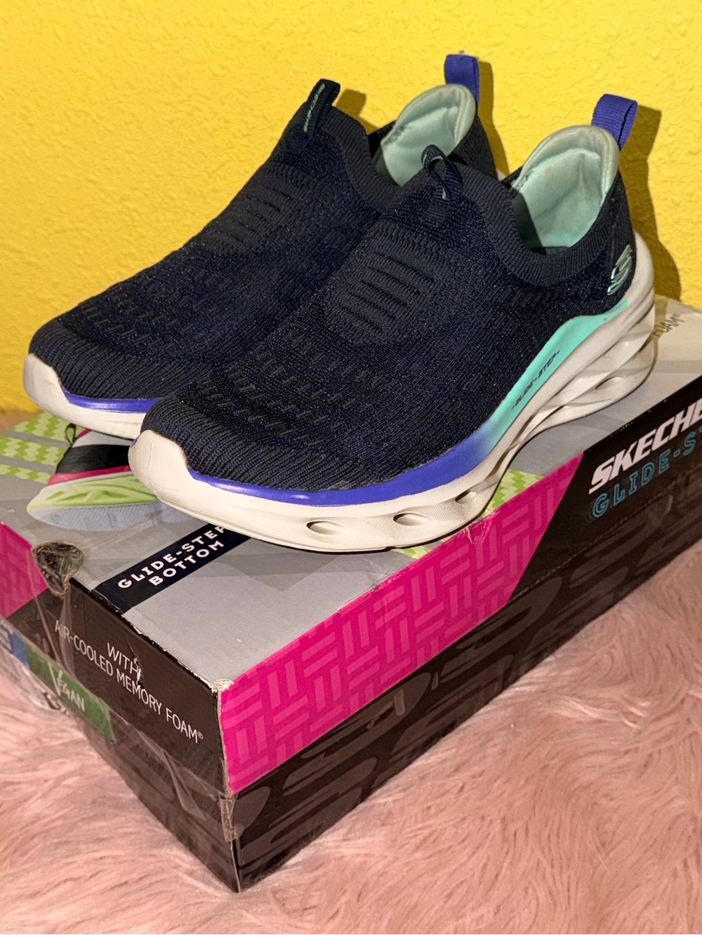 Skechers Women’s Black Knit Slip-On Sneakers with Teal & Purple Accents